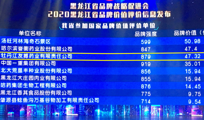 2020黑龍江省品牌價(jià)值評價(jià)信息發(fā)布 友搏藥業(yè)攜手迪龍制藥雙雙上榜